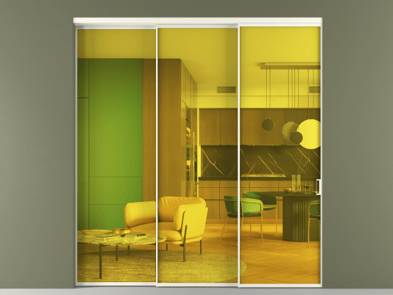 Алюминевая перегородка АЛПР 040.01_АЖМ_ПРОЗ ЖЕЛ_new. Цвет Алюминий жемчужный. Материал Алюминий в эмали. Коллекция Перегородка Formato внутри проёма 3 створки с синхронным механизмом. Картинка.