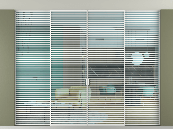 Алюминевая перегородка АЛПР 040.07_АБЛ_ПРОЗ ГОЛ_new. Цвет Алюминий белоснежный. Материал Алюминий в эмали. Коллекция Перегородка Formato внутри проёма скрытое крепление в потолок 4 створки. Картинка.