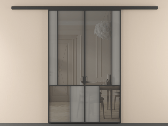 Алюминевая перегородка vd2_3 ЧЕР. Цвет Алюминий Черный. Материал Алюминий. Коллекция Перегородка Mosaic вдоль стены 2 створки. Картинка.