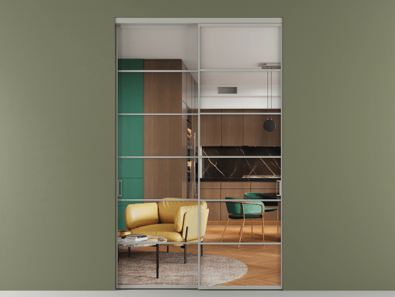 Алюминевая перегородка АЛПР 040.04_АНСР_Crystalvision_new. Цвет Алюминий нейтральный серый. Материал Алюминий в эмали. Коллекция Перегородка Формато внутри проёма 2 створки. Картинка.