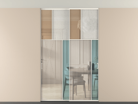 Алюминевая перегородка vntp2_2 Алюминий пудровый белый Четыре стекла. Цвет Алюминий пудровый белый. Материал Алюминий в эмали. Коллекция Перегородка Mosaic внутри проёма скрытое крепление в потолок 2 створки. Картинка.