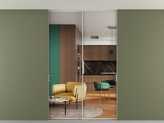 Алюминевая перегородка p2_01 Crystalvision БЕЛ. Цвет Алюминий Белый. Материал Алюминий. Коллекция Перегородка Formato внутри проёма скрытое крепление в потолок 2 створки. Картинка.